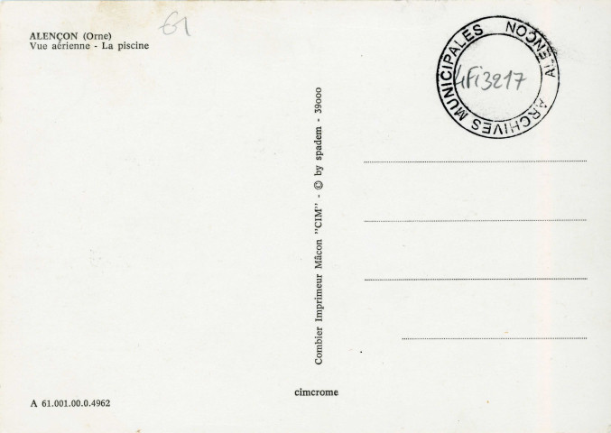 Alençon (Orne), La piscine, vue aérienne, carte postale semi-moderne couleur n°610010004962, Combier imprimeur Macon"CIM", sd, (15x10,5), AMA, 2 exemplaires.