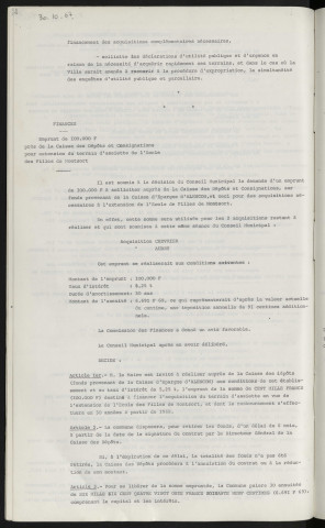 Groupe scolaire du Point du Jour, avenant aux traités de gré à gré et marchés. Finance, emprunt de 100 000 F auprès de la caisse de dépôts et consignations pour extension du terrain d'assiette de l'école des filles de Monsort.