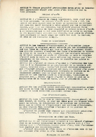 Adduction complémentaire d'eau potable pour la ville d'Alençon, modification du règlement et du tarif des concessions particulières (11 août 1924-21 février 1925) : règlement type, délibération, cahier des charges de la ville de Carhaix, formulaire demande abonné .