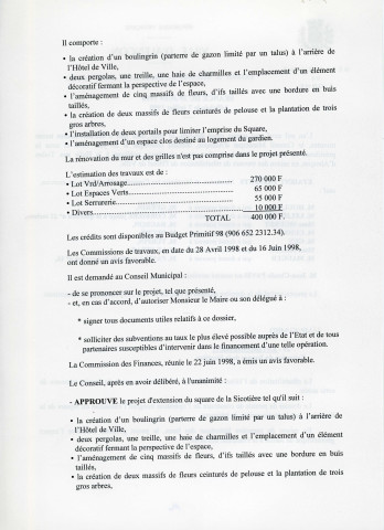 Agrandissement du Square de la Sicotière : plans, délibérations, photos, note, correspondance.