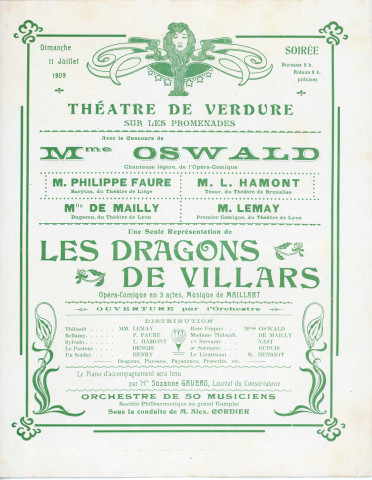Manifestations culturelles au Théâtre de Verdure, représentations d'opéra-comique à l'occasion de l'inauguration de l'Hôtel des Postes : programmes (1909).