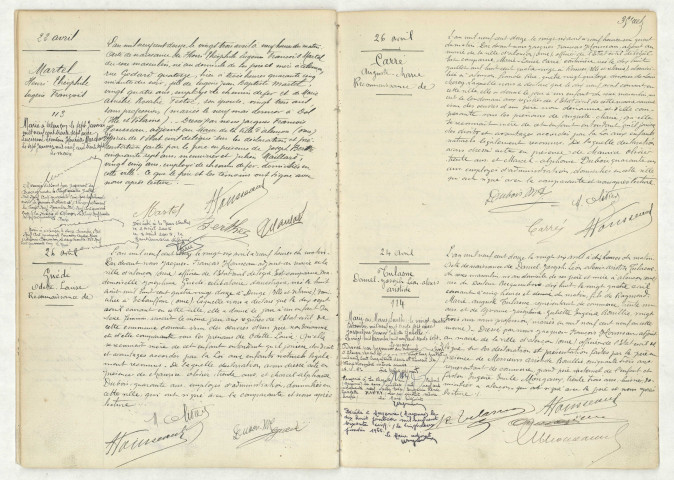 Acte de naissance de MARTEL Henri Théophile Eugène François (22 avril 1912),reconnaissance de GUEDE Odette Louise (26 avril 1912),reconnaissance de CARRE Auguste Marie (26 avril 1912),acte de naissance de TULASNE Daniel Joseph Léon Alexis Aristide (24 avril 1912).