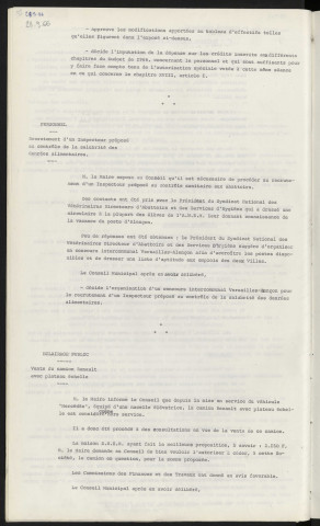 Personnel, tableau des effectifs. Recrutement d'un inspecteur préposé au contrôle de la salubrité des denrées alimentaires. Éclairage public, vente de camion Renault avec plateau échelle.