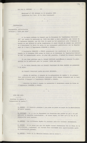 Élection des représentants du Conseil Municipal à divers organismes ou commissions, Mr PRIOUL Serge et Mr COUSIN Jean, élu Mr BUFARD, renouvellement de la commission locale professionnelle, rectificatif. Informations, engagements publicitaires relatifs à "Cité des Ducs". Cité des Ducs, critique du numéro 6 et préparation du n°7.