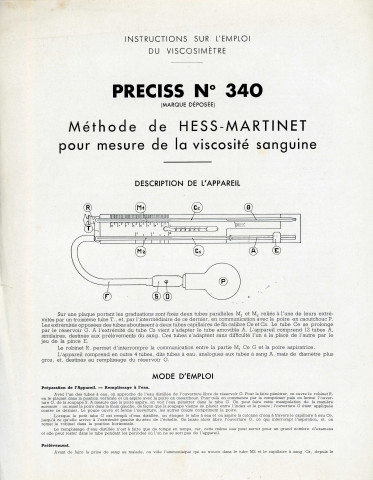 Instructions sur l'emploi du Viscosimètre et sur 'hématimètres cellules à numération : fiches techniques preciss n°340 (sd).