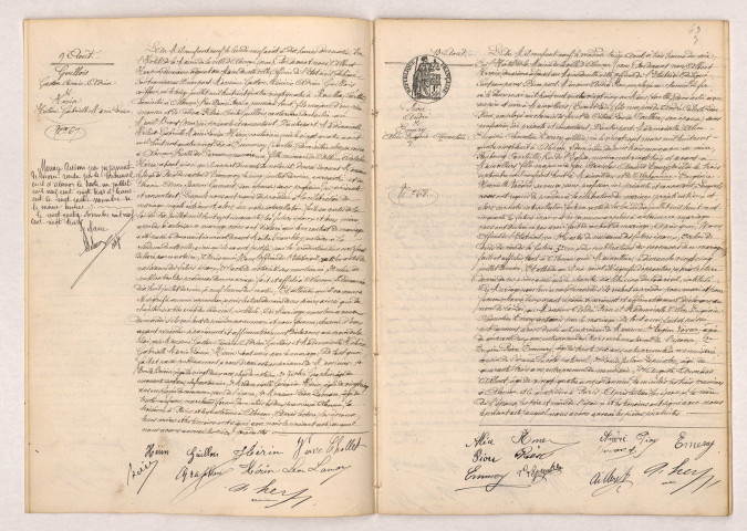 Acte de mariage de GUILLOIS Gaston Cénéric Adrien et HÉRIN Hélène Gabrielle Marie Louise (9 août 1909), Acte de mariage de PIOU André et EMERY Alice Eugénie Clémentine (13 août 1909).