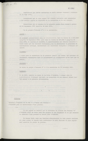 S.E.M.I.A.V.A. garantie des emprunts à court terme pour la rénovation du centre-ville, avenant n°2 à la convention. Finances, garantie d'emprunt de 60 750 F à l'Union des petites a Alençon pour la construction d'une piscine.