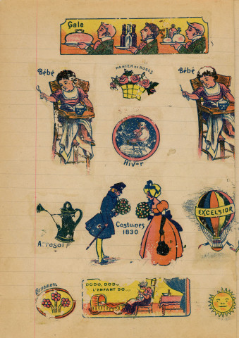 Magasin du Gagne-Petit, communication : décalcomanies aux armes d'Epinal (4 exemplaires), cahiers de décalques (Marguerite Boulay), Livrets publicitaires illustrés Imagerie PELLERIN EPINAL (Collection Mignonne), imageries réclames E. Barbier (série animaux sauvages, fables choisies), illustrations en couleurs "La soeur du Petit Poucet", éditeur Pellerin et Compagnie, enveloppes publicitaires.