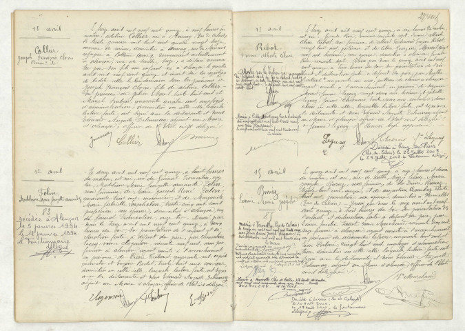 Reconnaissance de COLLIER Joseph François Clovis (13 avril 1915), acte de naissance de FOLIN Madeleine Marie Georgette Armande (12 avril 1915), acte de naissance de RIBOT France Alberte Céline (13 avril 1915), acte de naissance de BURIEZ Léonie Marie Josèphe (15 avril 1915)