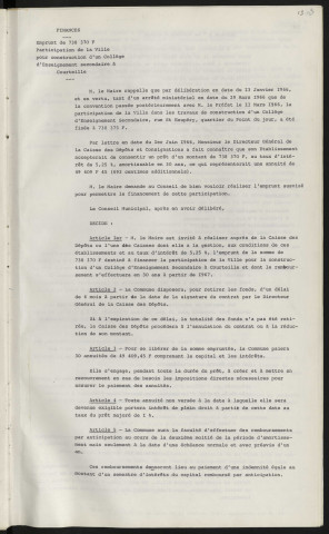 Emprunt de 738 370 F, participation de la ville pour construction d'un collège d'enseignement secondaire à Courteille.