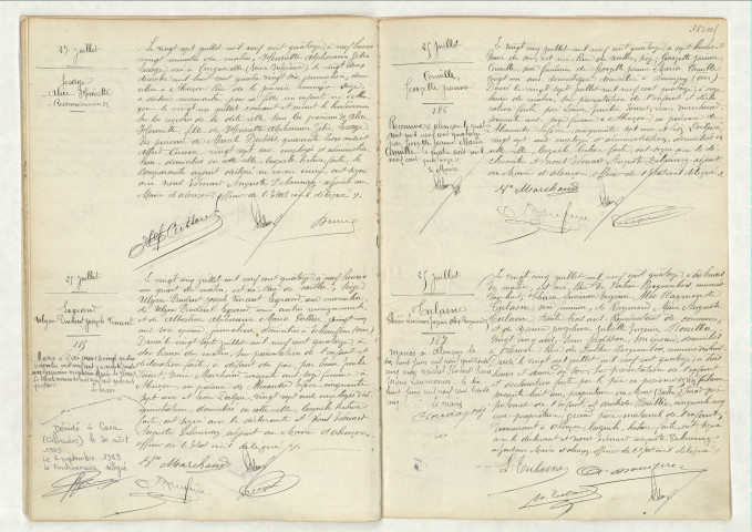 Reconnaissance de LESAGE Alice Henriette (27 juillet 1914),acte de naissance de LEGRAND Ulysse Prudent Joseph Vincent (25 juillet 1914),acte de naissance de CAMILLE Georgette Jeanne (25 juillet 1914),acte de naissance de TULASNE Thérèse Lucienne Eugénie Alix Raymonde (25 juillet 1914).