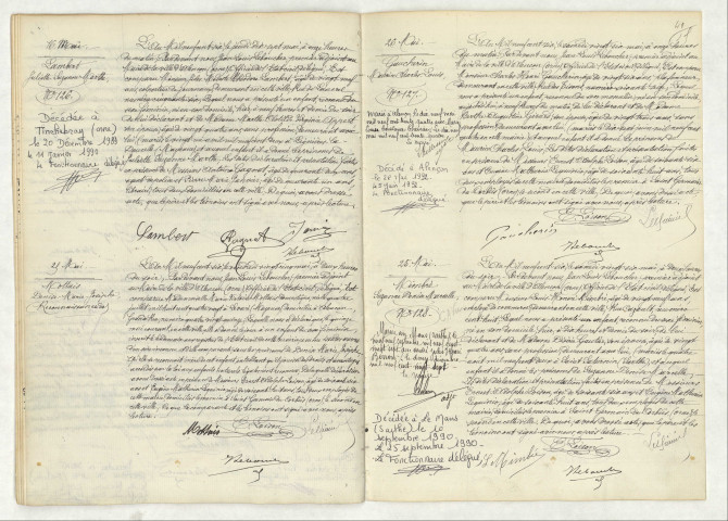 Acte de naissance de LAMBERT Juliette Suzanne Marthe (16 mai 1906), reconnaissance de MOTTAIS Denise Marie Josèphe (25 mai 1906), acte de naissance de GAUCHERIN Maurice Charles Louis (26 mai 1906), acte de naissance de MIMBRE Suzanne Denise Marcelle (25 mai 1906).