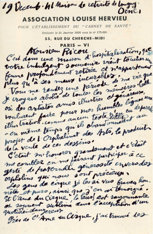 Lettre autographe signée Louise HERVIEU (1p.2/3.in-8.) (19 décembre 1941).