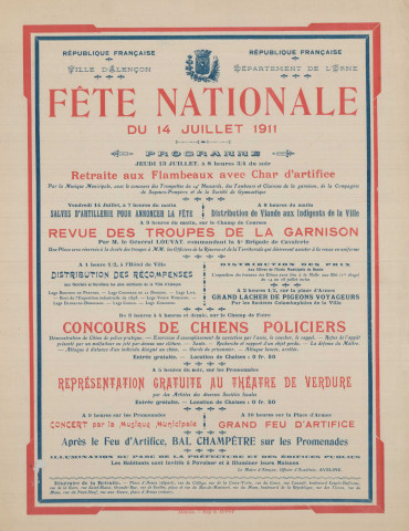 Fête nationale du quatorze juillet 1911, organisation par la commission des fêtes : affiche, correspondance, état des bons de consommation.
