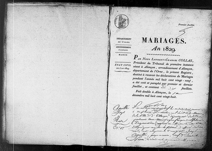 Registre des actes de mariage (1829).