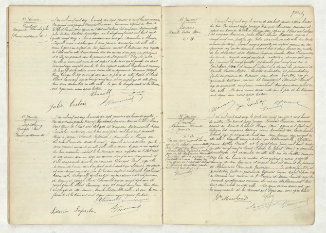 Reconnaissance de TERTOIS Marguerite Blanche Julia (17 janvier 1911),reconnaissance de LAPSOLU Georges Paul (17 janvier 1911),acte de naissance de MAURICE Marcelle Andrée Marie (16 janvier 1911),acte de naissance de DUVAL Alphonsine Fernande Geneviève (18 janvier 1911).