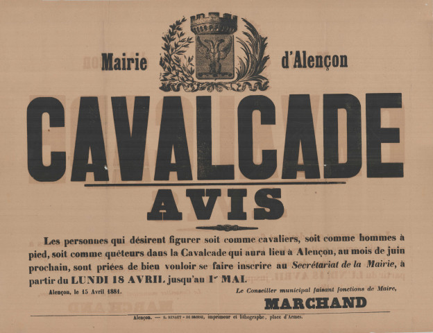 Cavalcade, avis à la population (15 avril 1881) : affiche typographique beige (64.5x49), E. De Broise imprimeur et lithographe
