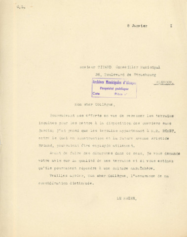 Jardins ouvriers à la disposition des employés de la maison Romet, boulevard de la République, exploitation agricole des parcelles (1941-1943) : correspondance, arrêtés, plan cadastral (B37-B38), procès-verbal, rapport.