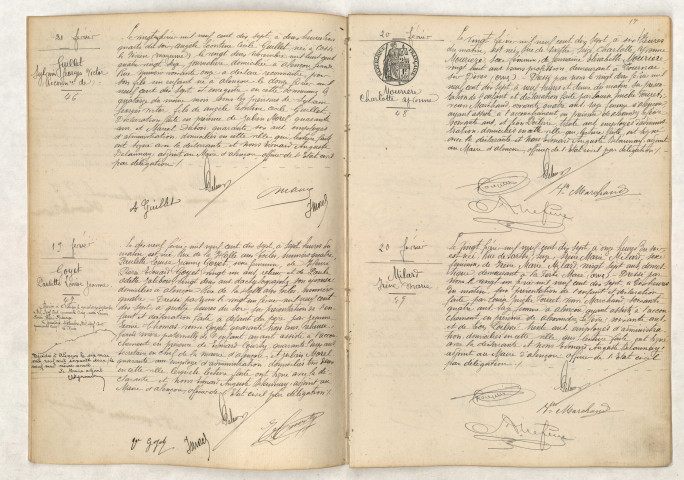 Reconnaissance de GUILLET Sylvain Georges Victor (21 février 1917), Acte de naissance de GOYET Paulette Louise Jeanne (19 février 1917), Acte de naissance de MOURIÈRE Charlotte Yvonne (20 février 1917), Acte de naissance de MILARD Irène Marie (20 février 1917).