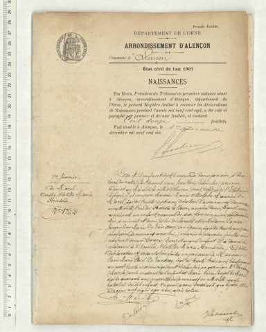 Acte de naissance de PLANCHE SANSON Marguerite Marie Thérèse (21 décembre 1907),acte de naissance de VERGER Gabrielle Anne Marie (22 décembre 1907),acte de naissance de GOUGEON Maurice Isidore François (23 décembre 1907),reconnaissance de GOUASLARD Marguerite Marie Germaine (24 décembre 1907).