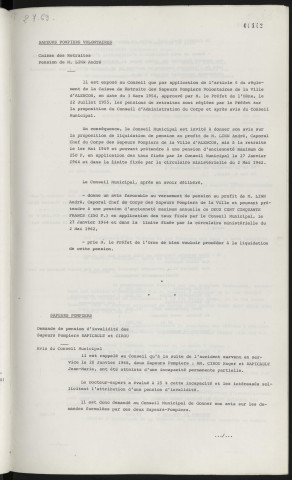 Sapeurs-pompiers volontaires, caisse des retraites, pension de Mr LINN André chef du corps des sapeurs-pompiers de la ville d'Alençon. Sapeurs-pompiers, demande de pension d'invalidité des sapeurs-pompiers Mr CIROU et Mr RAPICAULT, avis du Conseil Municipal.