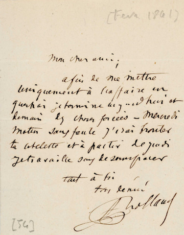 Lettre autographe signée de l'écrivain Amédée de Rolland à l'acteur Adolphe Laferrière [février 1861] .