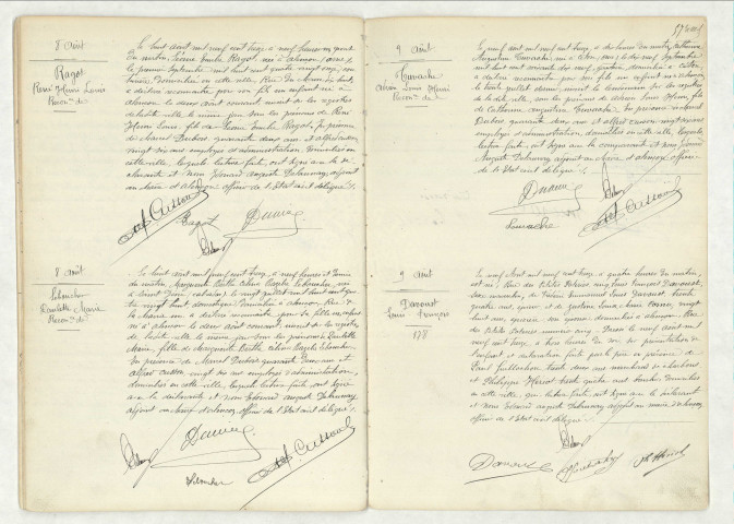 Reconnaissance de RAGOT René Henri Louis (8 août 1913),reconnaissance de LEBOUCHER Paulette Marie (8 août 1913),reconnaissance de TUVACHE Adrien Louis Henri (9 août 1913),acte de naissance de DAVOUST Louis François (9 août 1913).