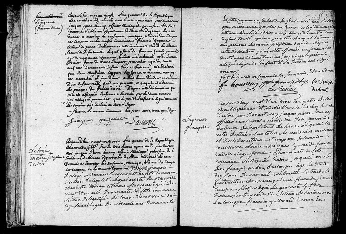 Acte de naissance de LEGAGNEUX François Désiré (10 janvier 1796),acte de naissance de DELOGE Marie Joséphine Désirée (10 janvier 1796),acte de naissance de LAGROUAS Françoise (11 janvier 1796).