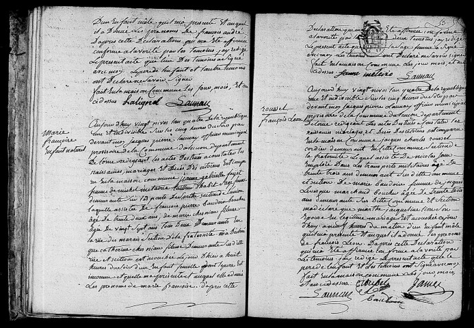 Acte de naissance de LEROUX François André (9 janvier 1796),acte de naissance de CHESNIAU Marie Françoise enfant naturel (9 janvier 1796),acte de naissance de ROUSSEL François Léon (10 janvier 1796).