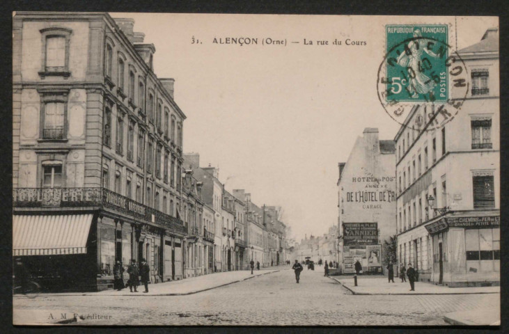 Alençon (Orne), La Rue du Cours, carte postale ancienne noir et blanc n°31, A.M.F éditeur, [date cliché : ], (date d'utilisation : 11 mai 1911), (14x9), AMA.