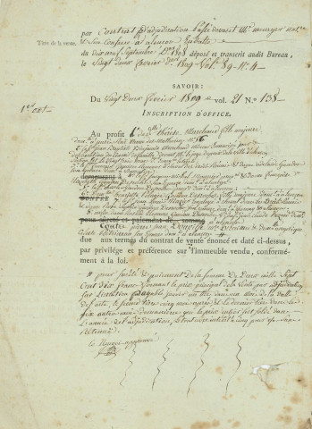 État d'inscription hypothécaire sur la vente de deux maisons et un jardin situés aux faubourg Cazault (22 février 1809).