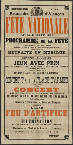 Fête nationale 14 juillet 1880, signé le Maire Poupet, E. Renaut-de-Broise imprimeur lithographe, affiche (85cmx124cm).