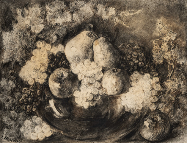 Pommes, poires et raisins, fusain, Louise Jeanne Aimée Hervieu, (48cm x 63cm), signé en bas à gauche), collection Bismuth-Etcheverry, acquisition 2024, AMA.