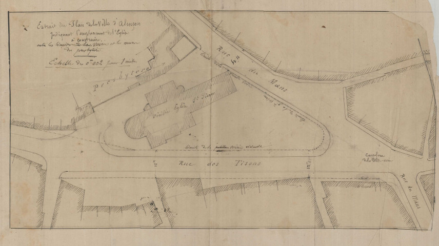 Église Saint Pierre de Montsort, projet pour l'établissement d'un paratonnerre, coupe sur le clocher, façade latérale, plan (architecte Lheureux) (éch: 1/100, x cm, 10/10/1883).)