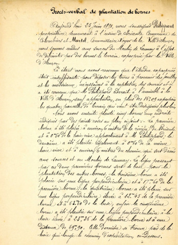 Alimentation en eau potable de la ville d'Alençon, bornage des terrains acquis (1891-1892) : procès-verbal de plantation, correspondance.