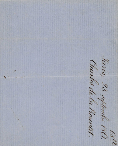 Lettre autographe signée de l'écrivain Charles de la Rounat à l'acteur Adolphe Laferrière (23 septembre 1861).
