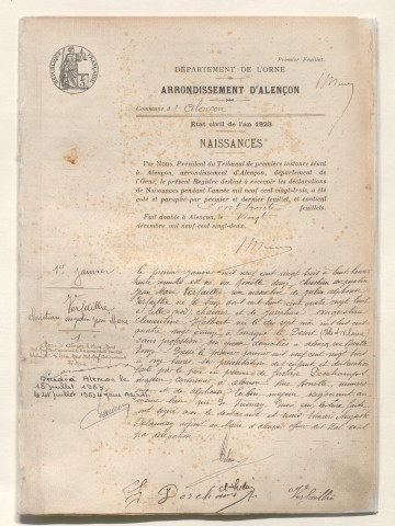 Registre des actes de naissance (1923).