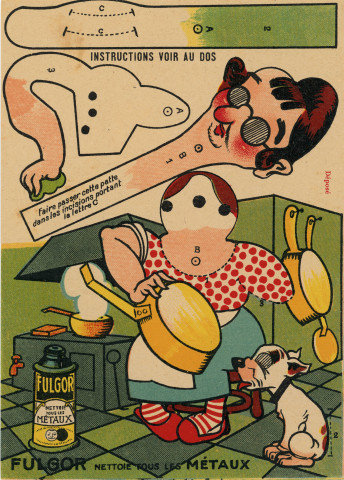 Publicité commerciale des produits de nettoyage pour les métaux Fulgor : images animées (16.5 x 11.5 cm), collection particulière Nicole Renard, don.