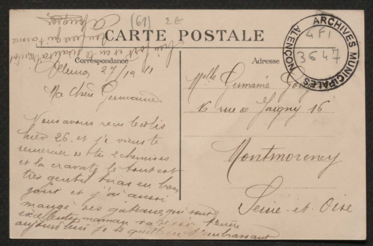 Alençon (Orne), Hôtel des Postes, carte postale ancienne noir et blanc n°44, éditeur,A.M.F. (Date d'utilisation : 27 decembre 1911), (14x9),AMA, 2 exemplaires.
