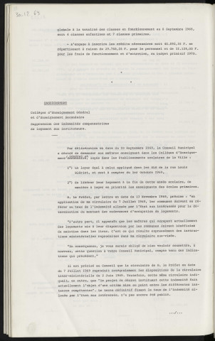 Enseignement, avenant n°4 au contrat d'association passé entre l'état et l'école Notre-Dame de l'assomption. Enseignement, collèges d'enseignement général et d'enseignement secondaire, surpression des indemnités compensatrices de logement aux instituteurs.