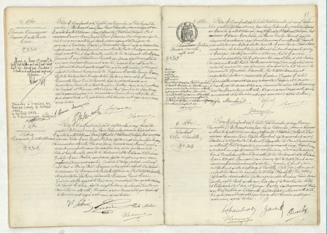 Acte de naissance de THOMINE DESMAZURES Suzanne Marthe Louise Marie (4 décembre 1906), acte de naissance de LEBRIX Marguerite Juliette Adrienne (5 décembre 1906), acte de naissance de BOUDIER Edmonde Camille (8 décembre 1906), acte de naissance de LAUBROT Alice Charlotte (9 décembre 1906).