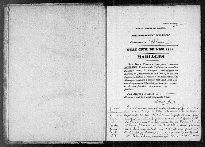Registre des actes de mariage (1854).