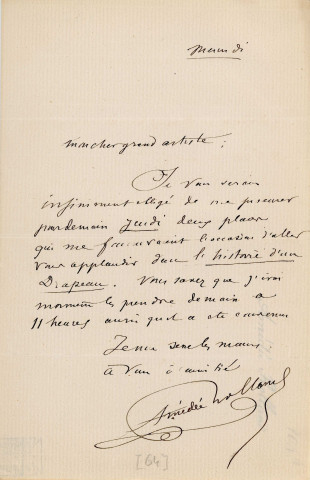 Lettre autographe signée de l'écrivain Amédée de Rolland à l'acteur Adolphe Laferrière (sd) .