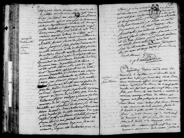 Acte de naissance de PERIGORD DE LA MOTTE Pierre François Arsène (20 décembre 1793),acte de naissance de CURSON Jean Théodore (22 décembre 1793).