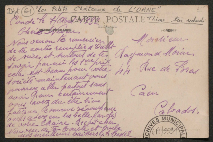 Condé-sur-Sarthe (Orne), Château de la Cusselière, carte postale ancienne noir et blanc n°135, (date d'utilisation : 07 août 1932), (14x9), acquisition 2021, AMA.