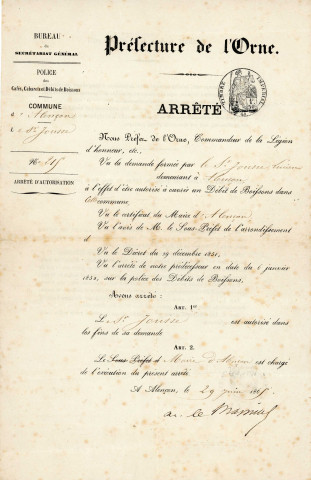 Débit de boisson, autorisation d'ouverture au 51 rue Cazault pour JOUSSE Lucien : arrêté préfectoral n°215 (29 juin 1865).