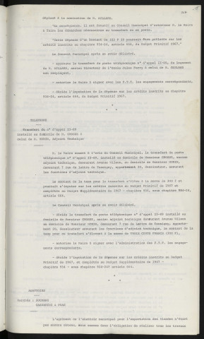 Téléphone, école Jules Ferry, transfert de l'appareil téléphonique, départ de Mr AILLARD directeur de l'école et arriver de Mr GESLAND. Téléphone, transfert du n° d'appel 13-89 installé au domicile de Mr GROSSE à celui de Mr MORIN, adjoint technique. Abattoirs, marchés SUCMANU CASSARINI et PEAN.