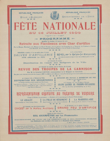 Fête nationale 14 juillet 1909 : affiche Imprimerie Lecocq et Mathorel, (93 x 130).
