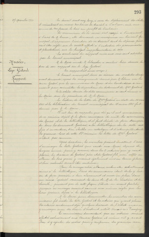 Champ de foire, élagage des marronniers, route de Paris et de Sées, rapport. Musées, legs Mme GODARD, aménagement de la salle pour les œuvres de Mr GODARD père et fils aux Musée, dessins d'OUDINOT artiste Ornais né a Damigny, réflexions des œuvres à la bibliothèque, rapport