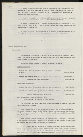 Acquisition d'une machine facturière pour le service des eaux, marché. Compte administratif 1965, approbation.